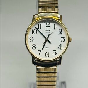Vintage Timex Quartz Watch Gold Tone Arabic Dial Stretch Band New Battery Runs